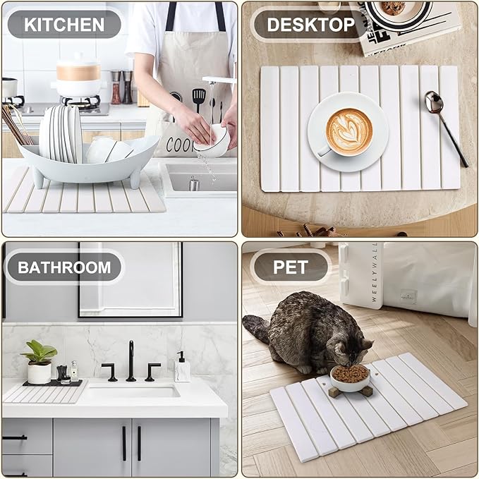 Large Stone Dish Drying Mat for Kitchen Counter – Foldable, Quick Dry, Ultra Absorbent Diatomaceous Earth Mat for Dishes, Bottles, Cups, Countertops & Bathroom, 24"×16" (White)