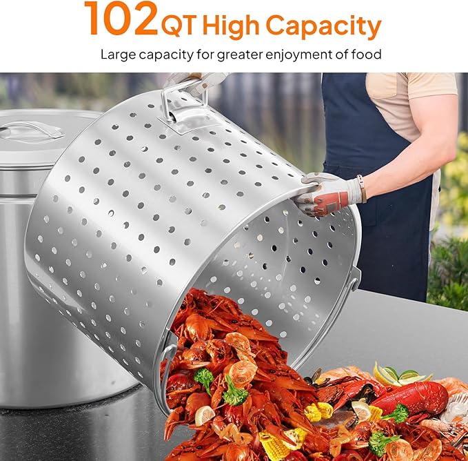 ROVSUN 102-Quart Stainless Steel Turkey Fryer & Seafood Boil Pot with Basket, Lid & Hook, Large Stock Pot for Outdoor Cooking of Turkey, Crawfish, Crab, Lobster & Shrimp