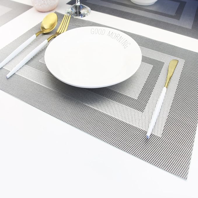 PIGCHCY Placemats Set of 6,Washable Woven Place Mats Vinyl Table Mats Non Slip Placemats Heat Resistant Durable Placemats for Dining Table (Silver Black)