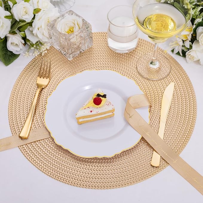 WDF 60pcs Gold Dessert Plates-7.5inch Baroque White and Gold Small Plastic Plates/Disposable Dessert/Salad/Cake/Appetizer Plastic Plate for Upscale Thanksgiving Parties/Wedding/Birthday