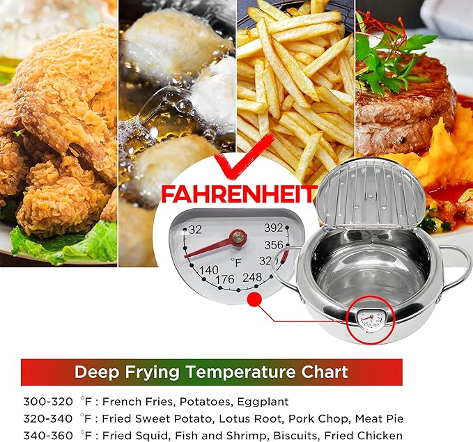 Deep Fryer Pot (°F), 11"/4.4Qt (4.2 L) Extra Large Tempura Frying Pot with Lid, 304 Stainless Steel Fry Pot with Fahrenheit Thermometer and Oil Drip Drain Rack