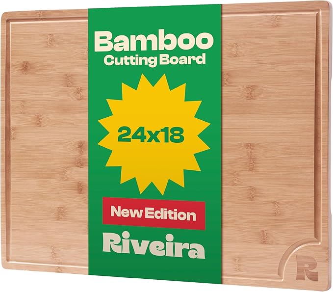 Riveira Brown Bamboo Wood Cutting Board – Gourmet Bamboo Grandeur: 24 x 18 Wooden Cutting Board – Wooden Cutting Boards For Kitchen Decorative – Innovative Juice Grooves Wooden Chopping Board