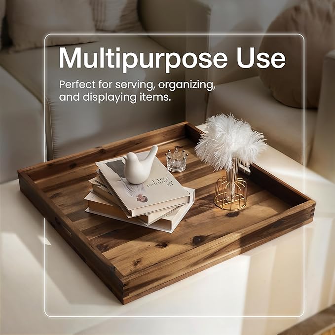 24 Inch Acacia Wood Square Ottoman Tray - Wooden Square Serving Tray - Extra Large Food Serving Trays for Decorative, Coffee Table, Breakfast in Bed - Charcuterie Trays (Walnut Color)