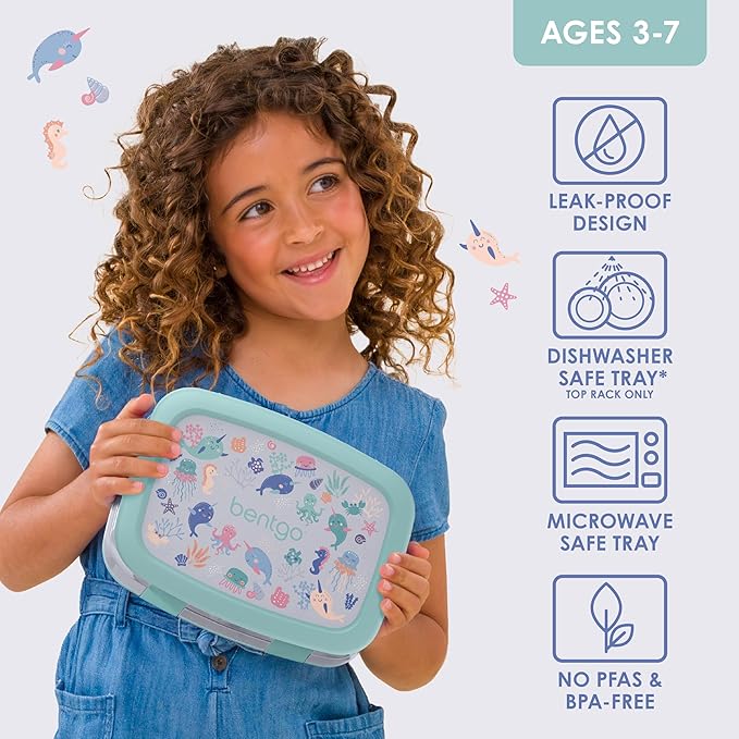 Bentgo Kids Prints Leak-Proof, 5-Compartment Bento-Style Kids Lunch Box - Ideal Portion Sizes for Ages 3-7, Durable, Drop-Proof, Dishwasher Safe, & PFAS & BPA-Free Materials (Sea Life)