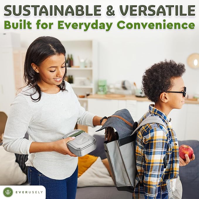 Everusely - Bento Box - Sage, 47oz / 1.4 L - Stainless Steel Lunch Box with Leakproof Condiment Container - 3 Compartment Snack Organizer for On the Go Meals - Freezer & Dishwasher Safe