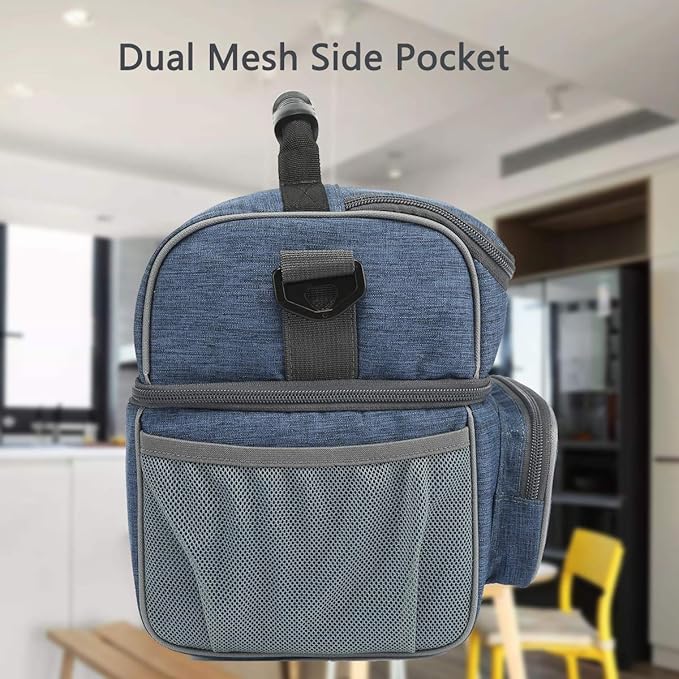 FlowFly Double Layer Cooler Insulated Lunch Bag Adult Lunch Box Large Tote Bag for Men, Women, With Adjustable Strap,Front Pocket and Dual Large Mesh Side Pockets