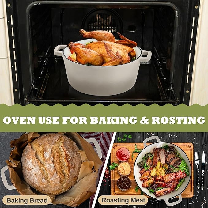P&P CHEF 5Qt Dutch Oven Pot for Bread Baking (Khaki), 2 In 1 Round Cast Iron Dutch Oven with Lid Set, Skillet & Pot for Roasting Braising Stewing Frying Simmering, Multi Stoves & Oven Safe