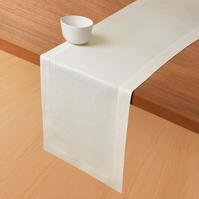 D'Moksha Homes Linen Ivory Table Runner 54 Inches - Classic Hemstitch, 100% Pure Linen Coffee Table Runner 14 x 54 Inch Ideal for Dresser Tables - Summer, Fall and Halloween