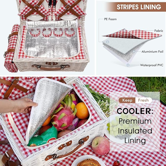HappyPicnic Fitted Picnic Baskets Cooler Set for 4 Persons with Large Waterproof Picnic Blanket, Insulated Compartment and Cutlery Service Kit-Red