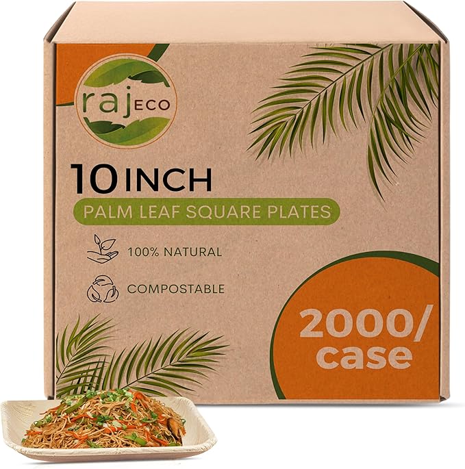 Raj Palm Leaf Plates Bulk [50-Pack] 10" Square Plates (40 CASES - 2000 PACK) like Bamboo plates Disposable, Strong, Decorative Compostable Tableware for weddings, Lunch, Dinner, Birthday