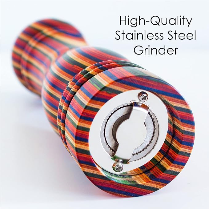 Baltique Marrakesh Pepper Grinder – 8 Inch Colorful Wooden Pepper Mill with Adjustable Stainless Steel Grinding Mechanism – Manual Wood Pepper Grinder for Kitchen or Table Use