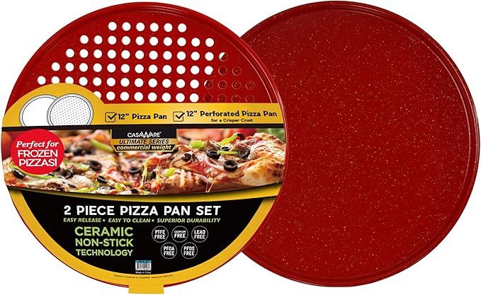 casaWare 2pc 12-inch Ultimate Pizza Pan Set, Nonstick, Ceramic Coated, (1) Solid, (1) Perforated (Red Granite)