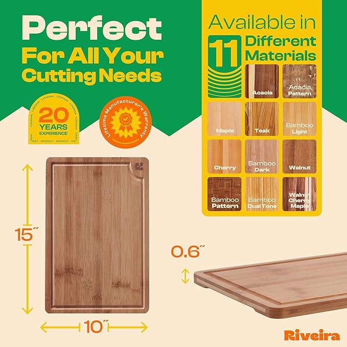 Riveira Brown Bamboo Wood Cutting Board – Gourmet Bamboo Grandeur: 15 x 10 Wooden Cutting Board – Wooden Cutting Boards For Kitchen Decorative – Innovative Juice Grooves Wooden Chopping Board