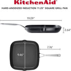 KitchenAid Hard Anodized Induction Nonstick Square Grill Pan/Griddle with Pouring Spouts, 11.25 Inch, Matte Black