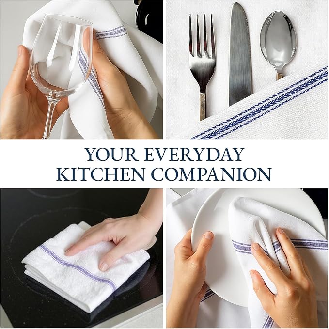 LANE LINEN Kitchen Towel Set- 12 Pack 14"x25" Dishtowels for Kitchen, Absorbent 100% Cotton Dish Drying Towels, Cleaning Cloth for Countertops, Soft & Durable, Machine Washable - Blue Stripe