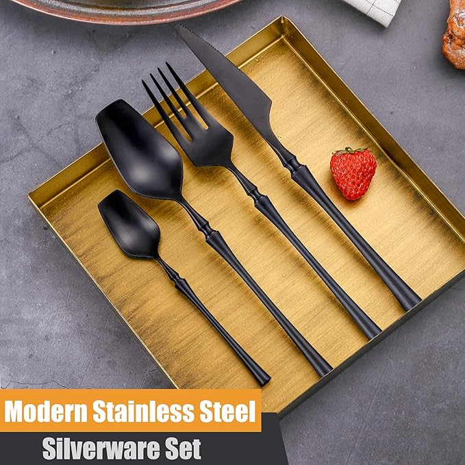 Lemeya 24-Piece Black Silverware Set for 6,Modern 18/10 Stainless Steel Flatware Set,Unique Rustic Cutlery Utensils Set,Spoon and Fork Set for Home, Restaurant,Wedding,Mirror Polished,Dishwasher Safe