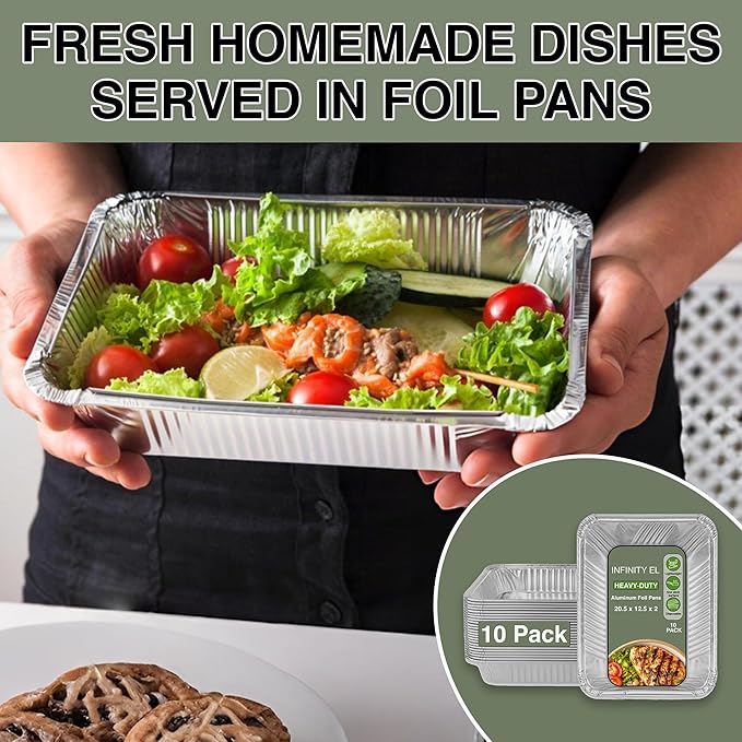 INFINITY EL Disposable Aluminum Foil Pans 10 Pack | Full Size Shallow 20.5" x 12.5" x 2" Heavy Duty Foil Pan | Aluminum Baking Pans for Roasting Turkey, Lasagna, Thanksgiving, Christmas, Parties