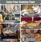 E-far 14 Pieces Silicone Cooking Utensils Set, Kitchen Utensils Set with Holder, Spatula, Ladle, Spoon, Tong, Slotted Turner for Nonstick Cookware, 446°F Heat Resistant & Stainless Steel Handle, Gray