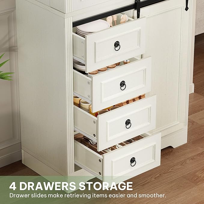 YITAHOME Pantry Cabinet, 71-Inch Tall Freestanding Storage Cabinet with 4 Drawers, Farmhouse Cupboard with Doors Storage, Adjustable Shelves, for Living Room, Dining Room, White Walnut