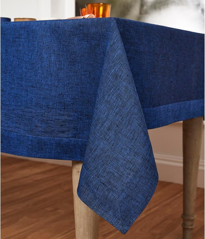 Solino Home Linen Tablecloth 60 x 90 Inch - 100% Pure Linen Royal Blue Table Cloth for Rectangular Tables - Athena, Machine Washable Cloth Tablecloth for Summer