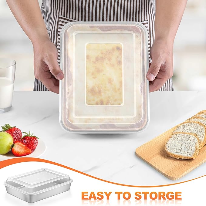 Herogo Baking Pan with Lid, 8 x 10 Inch Nonstick Rectangle Stainless Steel Cake Pan Sheet, Deep Cakes Bakeware with Lid for Brownies Casseroles, Non Toxic & Dishwasher Safe, Set of 4