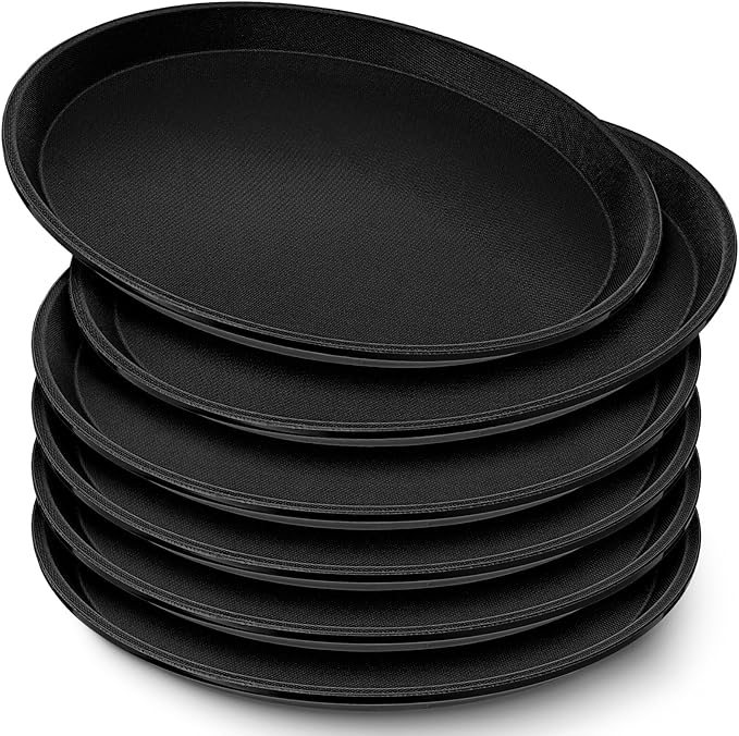 Zopeal 6 Pieces Black Round Restaurant Serving Tray, Plastic Non Slip Surface Food Meals Server Tray with Raised Edges for Home, Kitchen, Restaurant, Cafeteria, Bar (11")