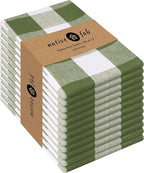 Native Fab Buffalo Check Kitchen Dish Towels, 16"x26", 12 Pack - 100% Cotton Plaid Washcloths - Absorbent Dish Cloths Set, Cleaning Hand Towels with Hanging Loop - Mini Green White
