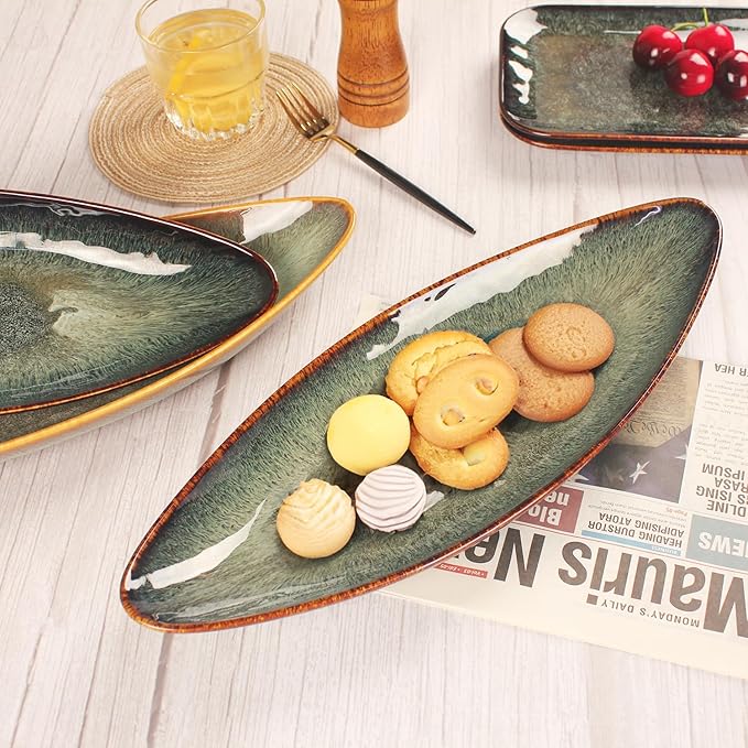 Serving Platter Olives Plate Large Serving Tray, Set of 4, for Entertaining, Porcelain Trays and Platters Sushi Salad Plates Serving Dinnerware Appetizer Serving Tray, Black reaction Glaze