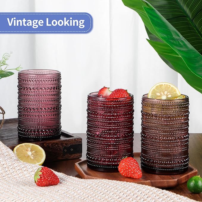 MOLIGOU 6 Pcs Embossed Drinking Glasses, 15oz Vintage Highball Glasses, Beaded Glass Drinking Cups (Purple)