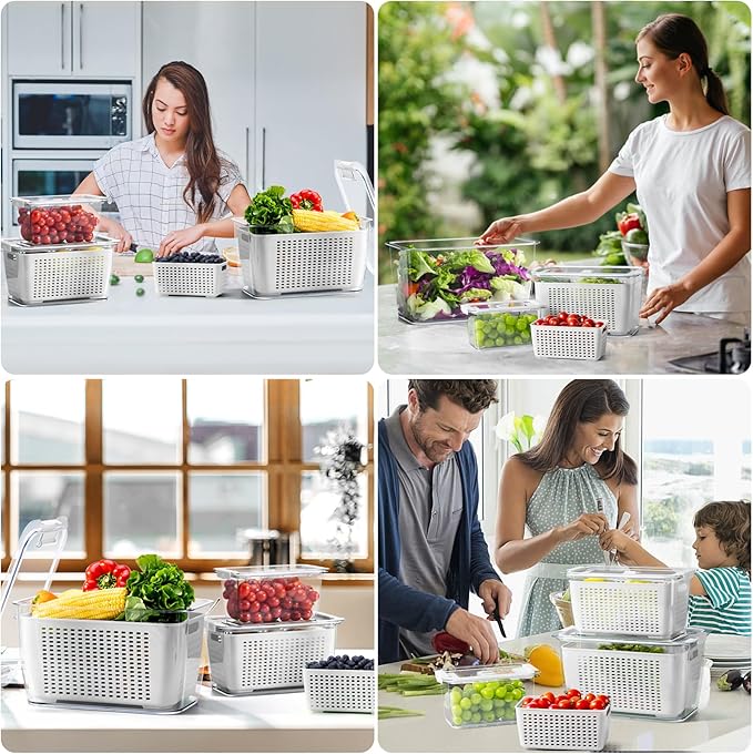 LUXEAR 4 Pack Fruit Vegetable Containers for Fridge, Produce Saver Container with Lids &Removable Colander BPA-free Refrigerator Storage Organizer for Fruit Vegetable, Berry, Meat keep Fresh Longer