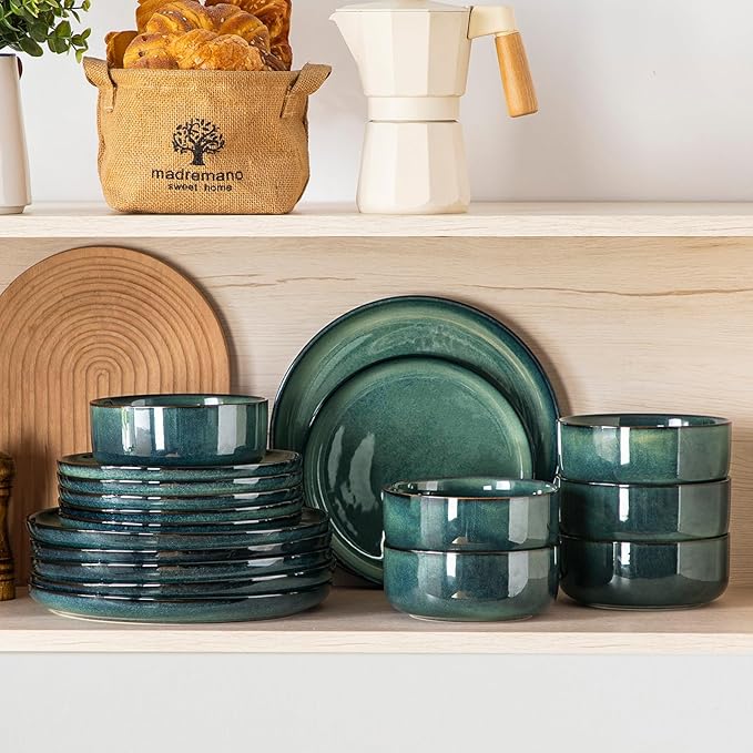 vancasso Starry 18 Pieces Dinnerware Sets for 6, Green Reactive Glaze Dishes Sets, Ceramic Plates and Bowls Set, Dinner Salad Dessert Plates, and Cereal Bowls Set, Dishwasher and Microwave Safe
