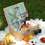 Wicker Picnic Basket for 2 Person, Willow Hamper Basket Sets with Insulated Compartment, Handmade 2 Person Picnic Basket Classical Green Stripe with Utensils Cutlery Perfect for Picnic, Camping