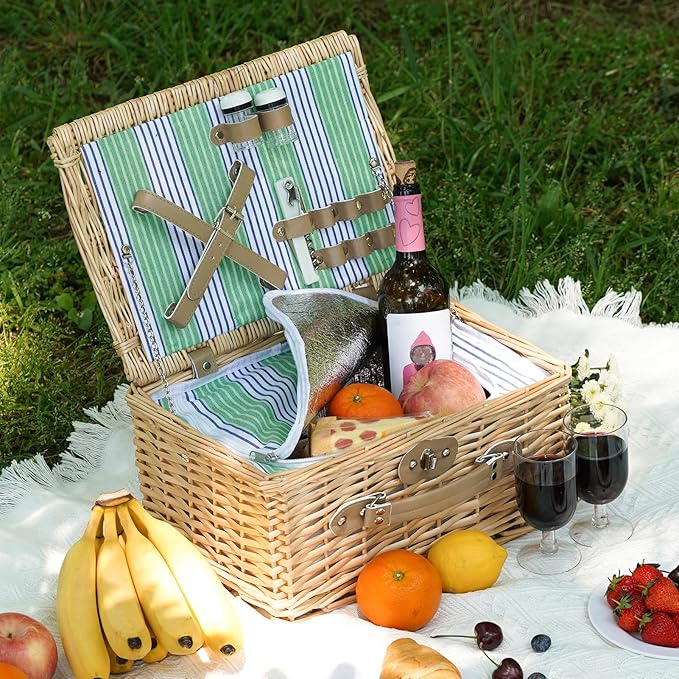 Wicker Picnic Basket for 2 Person, Willow Hamper Basket Sets with Insulated Compartment, Handmade 2 Person Picnic Basket Classical Green Stripe with Utensils Cutlery Perfect for Picnic, Camping