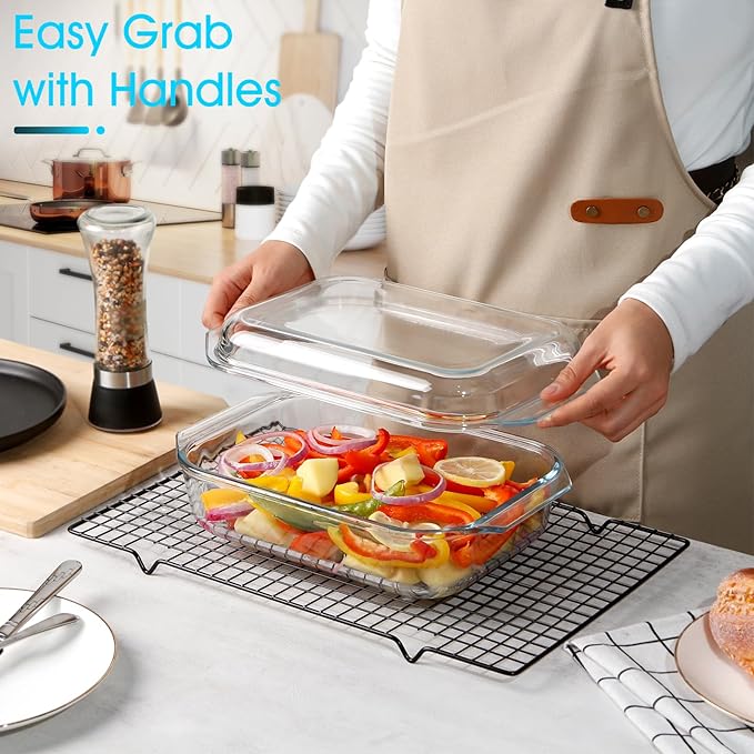 NUTRIUPS 2 QT Rectangular Glass Casserole Dish With Lid, (10×7.5in) Glass Casserole Dish for Oven