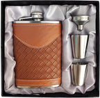Hip Flasks for Men 8oz Leather Flask Gift Set,304 Stainless Steel Flask Set w/Funnel Shot Glasses Lovely Gift for Whiskey Rum Groomsman Best Man Usher Wedding Camping-Leather Stripe Brown 8oz