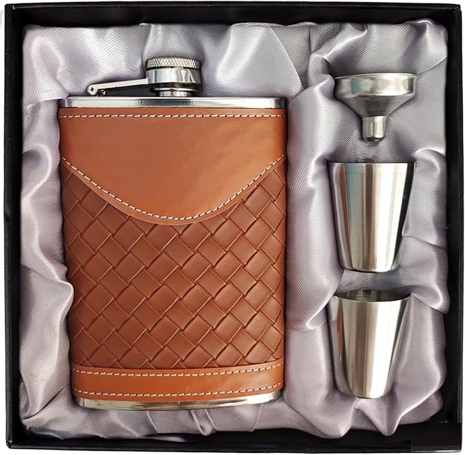 Hip Flasks for Men 8oz Leather Flask Gift Set,304 Stainless Steel Flask Set w/Funnel Shot Glasses Lovely Gift for Whiskey Rum Groomsman Best Man Usher Wedding Camping-Leather Stripe Brown 8oz