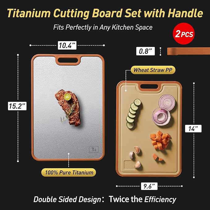 2 Packs Titanium Cutting Boards for Kitchen Chopping Board Butcher Block 2 in 1 Pure Titanium and Wheat Straw PP Father Day Dad Parent Stepdad Who Want Everything Future Groom Bride Law Christmas Xmas
