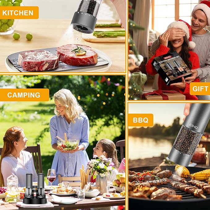 EIHO Electric Salt and Pepper Grinder Set USB Rechargeable, Upgraded External Adjustable Coarseness, Aluminum Alloy Automatic Salt and Pepper Shakers Mills with LED Light, House Warming Cooking Gifts