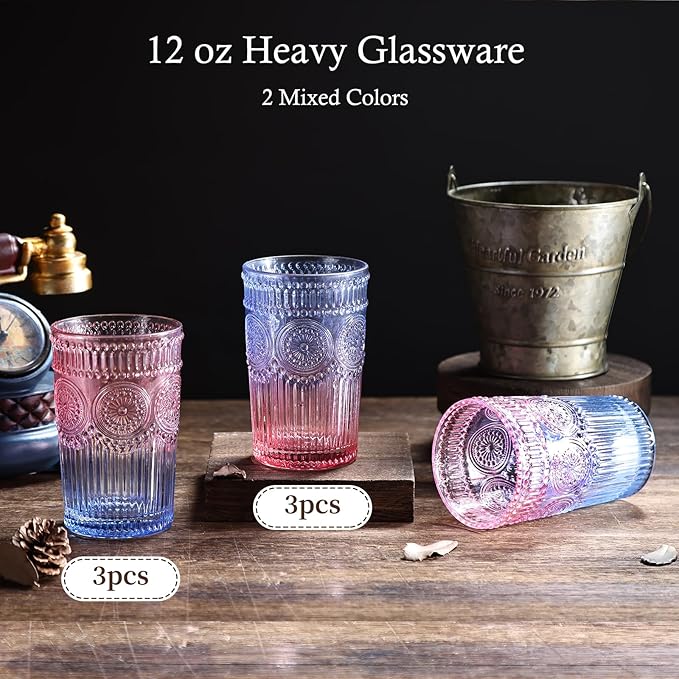 6pcs Vintage Drinking Glasses Set, 12 oz Glass Cups, Embossed Ribbed Glassware Water Tumblers for Cocktail, Water, Juice, Beer, Whiskey