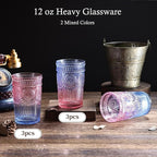 6pcs Vintage Drinking Glasses Set, 12 oz Glass Cups, Embossed Ribbed Glassware Water Tumblers for Cocktail, Water, Juice, Beer, Whiskey