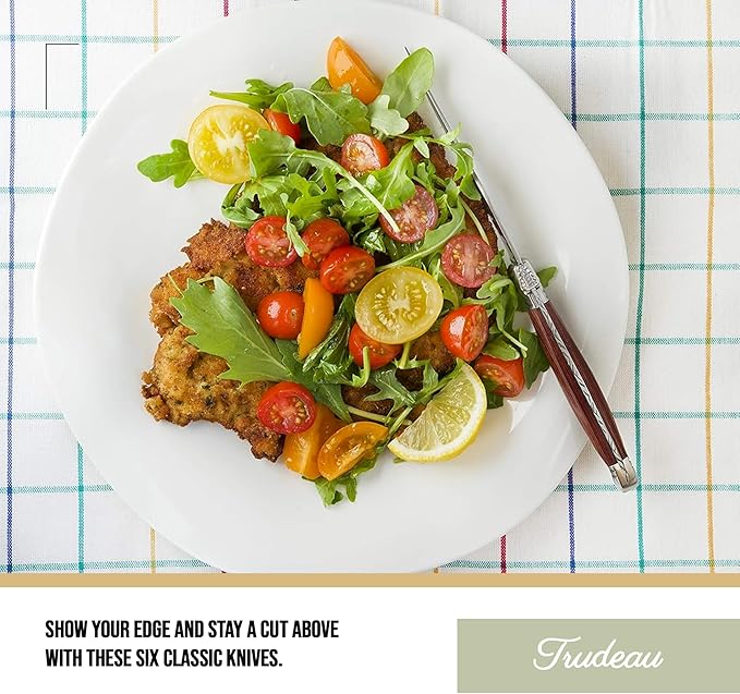 Trudeau Laguiole Steak Knives Set of 6 – Premium Stainless Steel Serrated Blades with Pakkawood Handles – Dishwasher Safe Steak Knife Set for Dinner, BBQ, or Gifting – Rustic Elegant Design