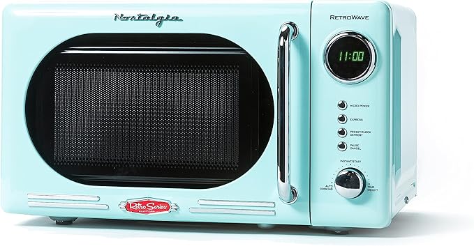 Nostalgia Retro Compact Countertop Microwave Oven, 0.7 Cu. Ft. 700-Watts with LED Digital Display, Child Lock, Easy Clean Interior, Aqua