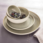 Sango Resona Moss 16-Piece Green Dinnerware Set – Service for 4, Plate & Bowl Set, Durable Stoneware with Reactive Glaze Finish, for Everyday Dining & Entertainment, Microwave & Dishwasher Safe