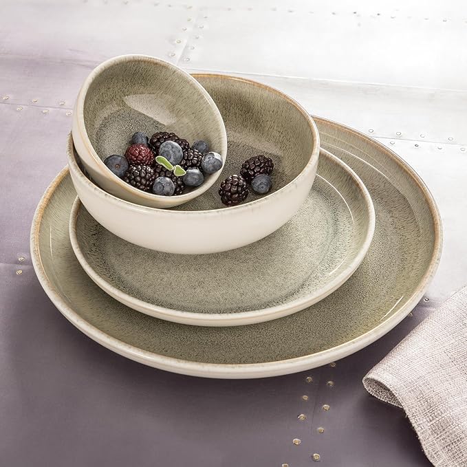 Sango Resona Moss 16-Piece Green Dinnerware Set – Service for 4, Plate & Bowl Set, Durable Stoneware with Reactive Glaze Finish, for Everyday Dining & Entertainment, Microwave & Dishwasher Safe