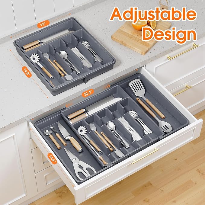 Silverware Organizer，Adjustable & Expandable Utensil Drawer Organizer, BPA Free Utensil Holder, Cutlery Tray for Forks, Spoons, Knives in Kitchen, Large, Grey