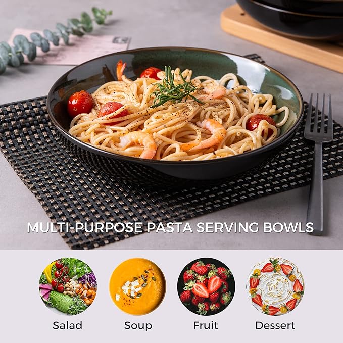 LERATIO 9.0" Pasta Bowls,38oz Ceramic Pasta Bowls,Reactive Glaze Pasta Bowl Set of 4,Microwave & Dishwasher,Oven Safe,Large Wide Serving Bowls for Salad, Dessert,Scratch Resistant-Green