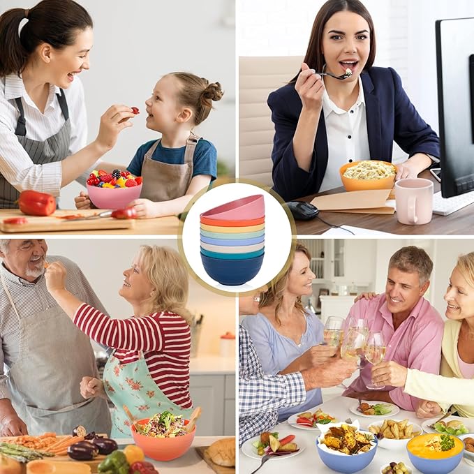 Cereal Bowls, 26 Oz Unbreakable Plastic Cereal Wheat Straw Bowl Sets of 8, Lightweight Microwave Dishwasher Safe Reusable BPA-Free for Kitchen Soup Salad Noodle Desert, Multicolor