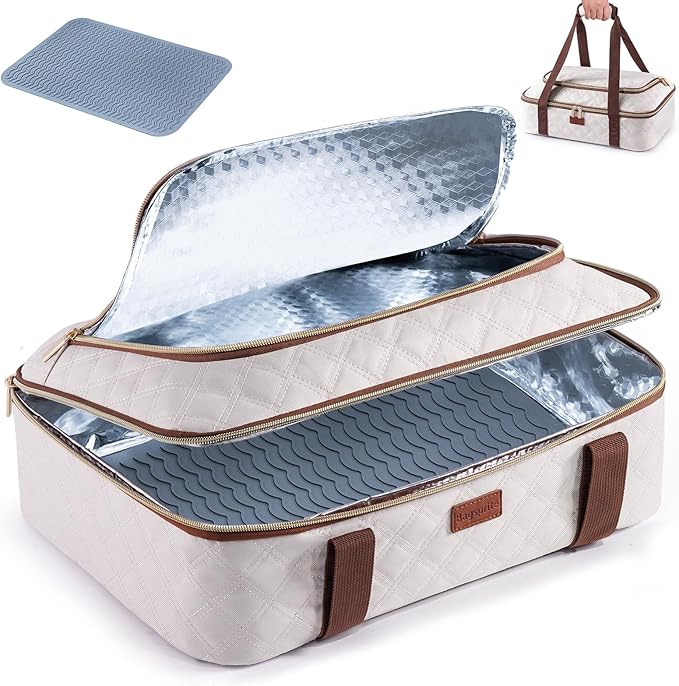 BAGSPRITE Insulated Casserole Carrier for Hot or Cold Food with Heat-resistant Mat, Casserole Dish Carrier Insulated Food Carrier, Hot Food Carrier, Foil Pan Carrier Fits 9" x 13" Baking Dish