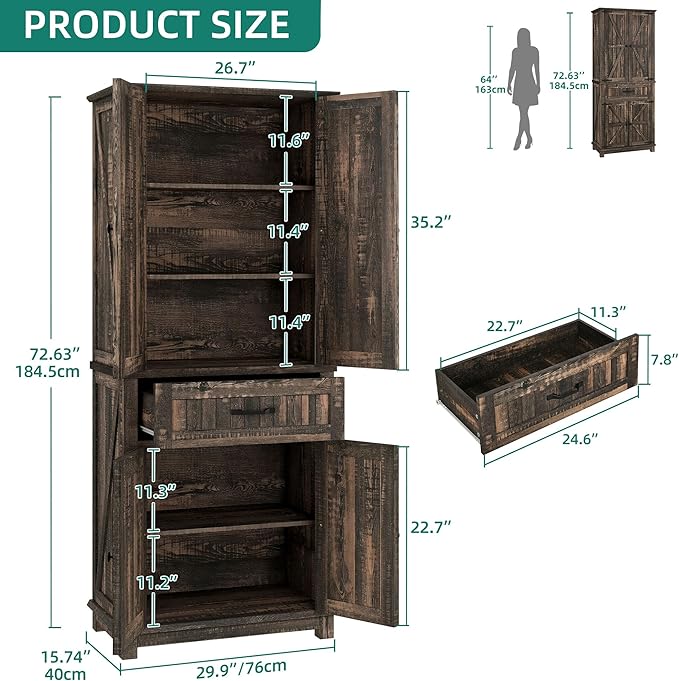 YITAHOME 72.6" H Farmhouse Kitchen Pantry Cabinet, Freestanding Tall Storage Cabinet with 4 Doors, Drawer and Adjustable Shelves, Tall Cupboard for Dining Room, Living Room, Dark Rustic Oak