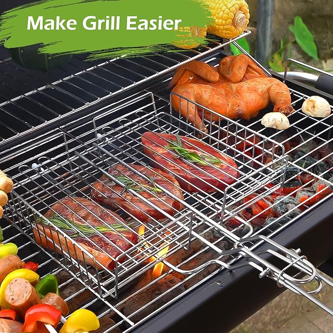 DOUBLE TWO - Stainless Steel Grill Basket, Grilling Baskets for Outdoor Grill, for Meat, Fish, Vegetable, BBQ Accessory, With Height Adjustable Cover & Detachable Handle, Easy to use, 1Pcs
